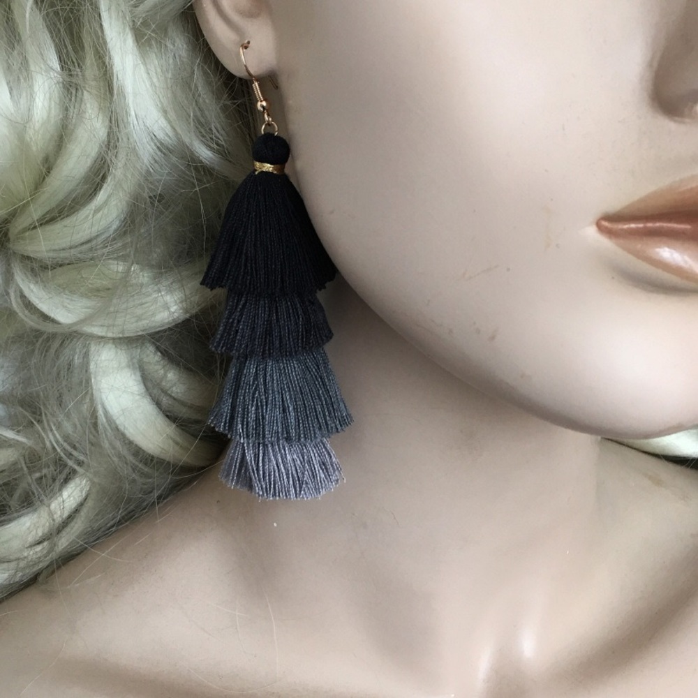 Ombré Black Grey Light Grey Tassel Earrings